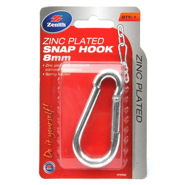 Zinc plated snap hook in packaging with Zenith branding