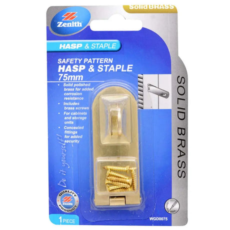Zenith safety pattern hasp and staple packaging with brass hardware and screws.