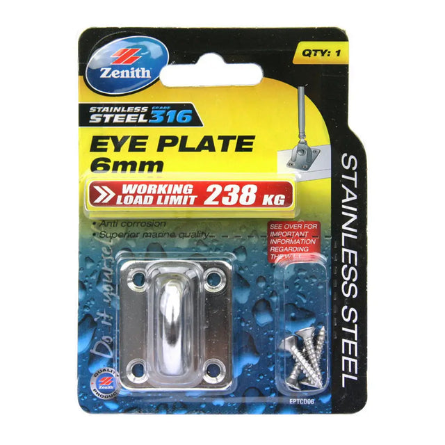Packaged stainless steel eye plate with Zenith branding on a white background