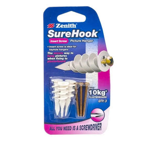 Zenith SureHook picture hanger packaging with screws on a white background