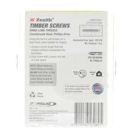 Package of Zenith timber screws with text and branding on a white background