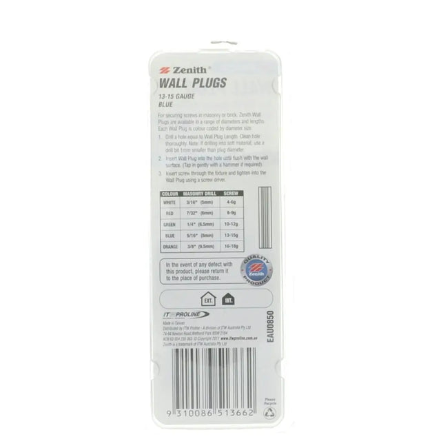 Packaging of Zenith wall plugs with product details on a white background