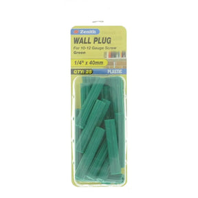 Pack of green wall plugs with packaging on a white background