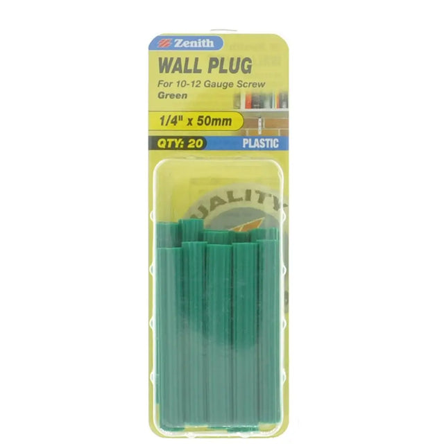 Pack of green wall plugs in a yellow packaging with 'Zenith' branding.