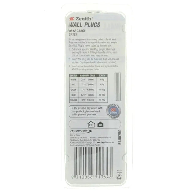 Packaging of Zenith wall plugs with product details on a white background