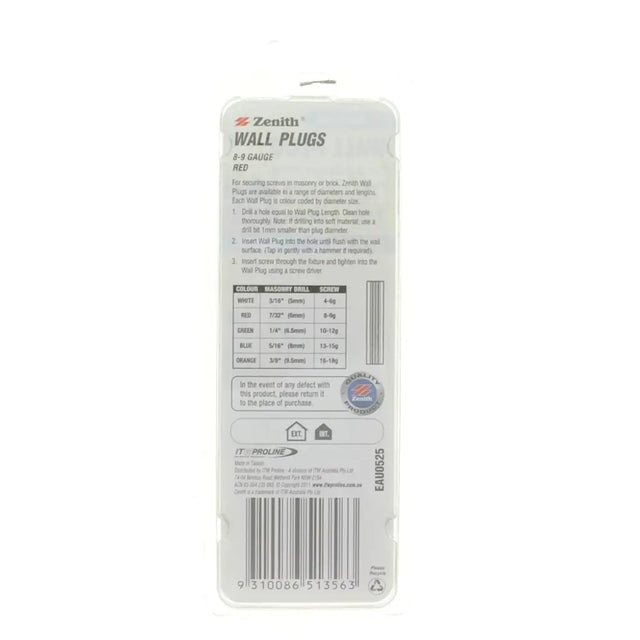Packaging of Zenith wall plugs with product details on a white background