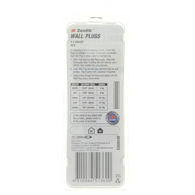 Packaging of Zenith wall plugs with product details on a white background