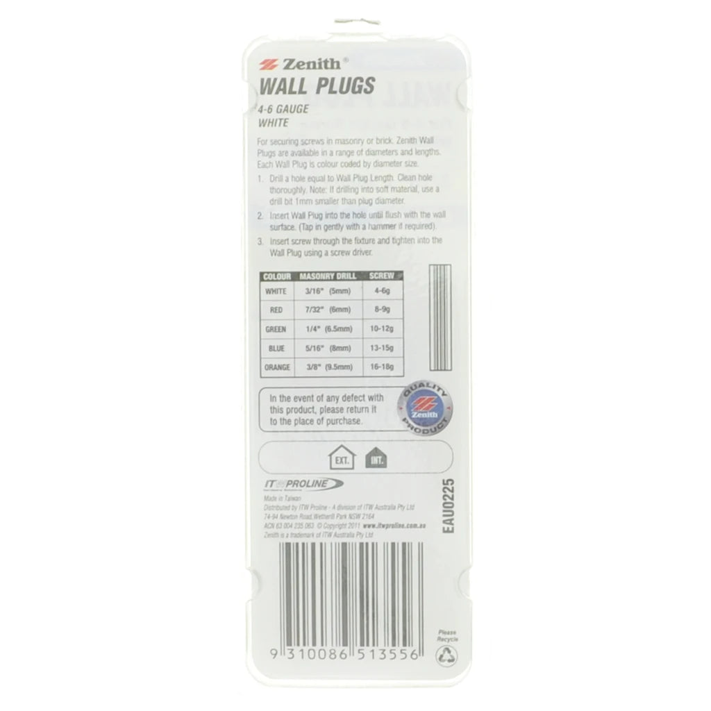 Zenith Wall Plug White 3/16"x25mm For 4-6 Gauge Screw EAU0225