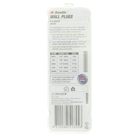 Zenith Wall Plug White 3/16"x25mm For 4-6 Gauge Screw EAU0225