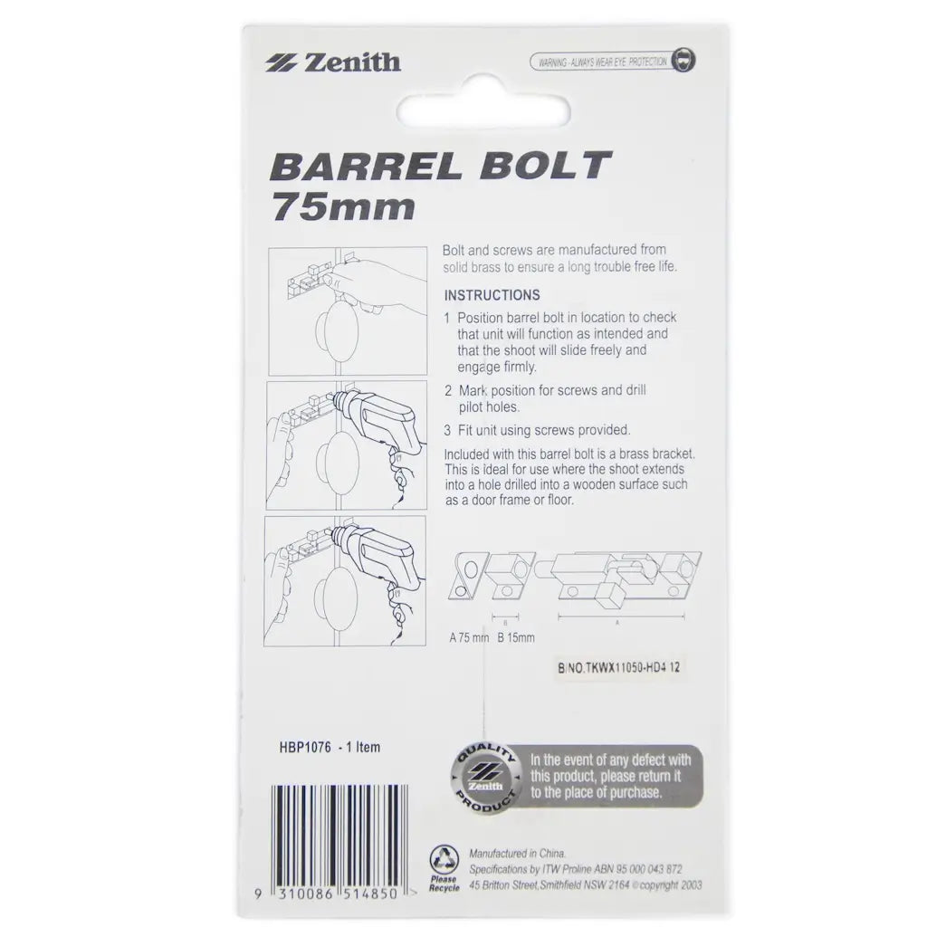 Zenith barrel bolt packaging for 75mm product on a white background