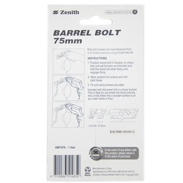 Zenith barrel bolt packaging for 75mm product on a white background