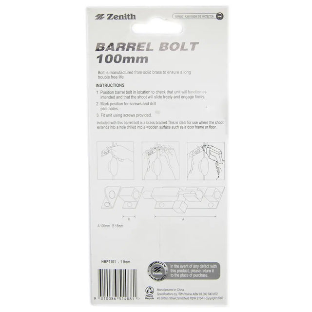Package of Zenith Barrel Bolt 100mm on a white background