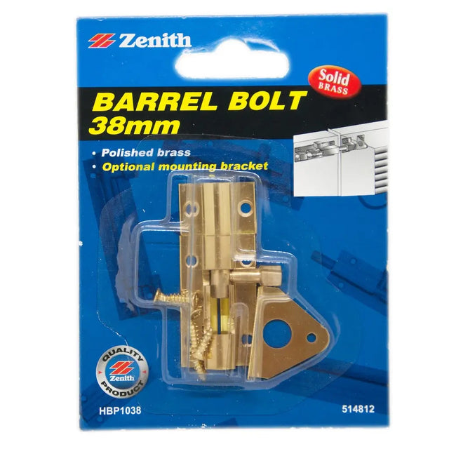 Zenith barrel bolt packaging with brass component on a blue background