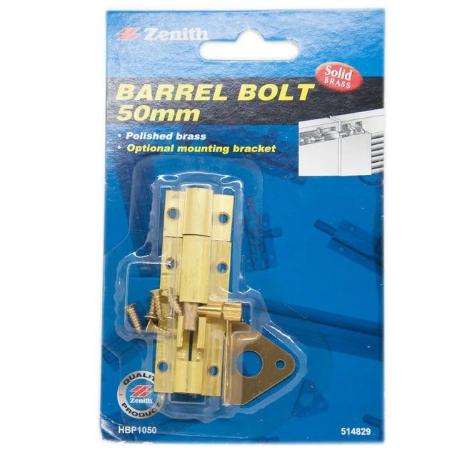 Zenith barrel bolt packaging with brass component on a blue background