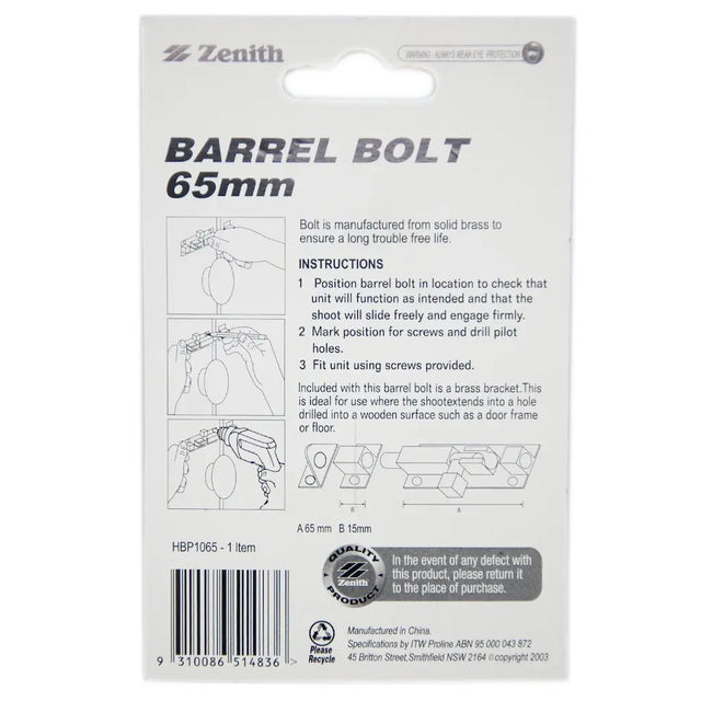 Zenith barrel bolt packaging with instructions and diagrams on a white background