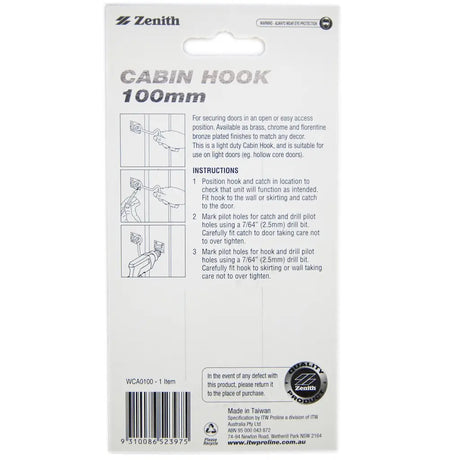 Back of a packaging for a cabin hook with text and diagrams on a white background