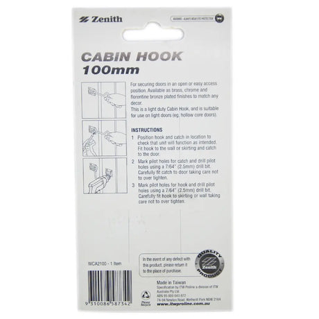 Back of a cabin hook packaging with text and branding on a white background