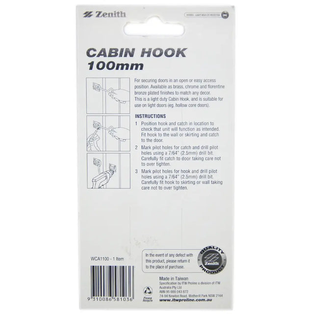 Cabin hook packaging with instructions and branding on a white background