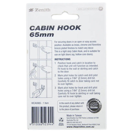 Packaging of a cabin hook with specifications and instructions on a white background
