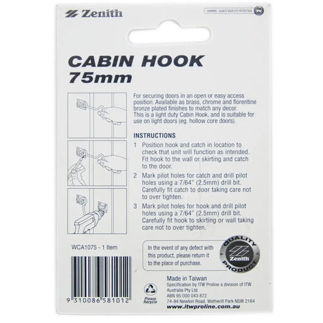 Back of a packaging for a 75mm cabin hook with text and diagrams.