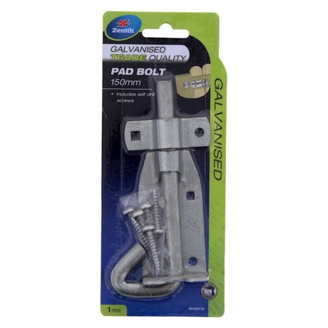 Galvanized pad bolt with packaging on a white background