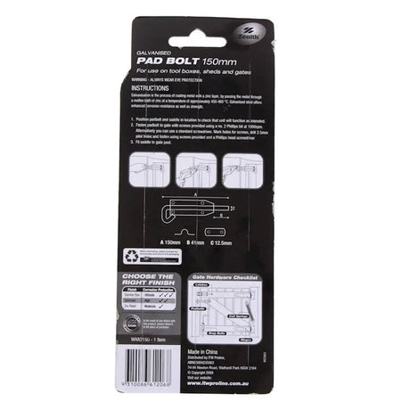 Packaging of a pad bolt with specifications and instructions on a white background