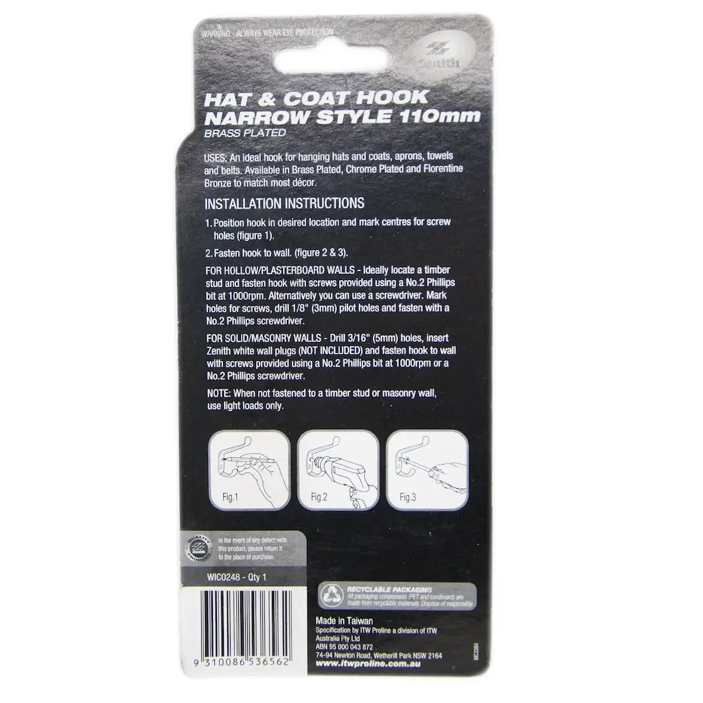 Back view of a hat and coat hook packaging with installation instructions on a white background