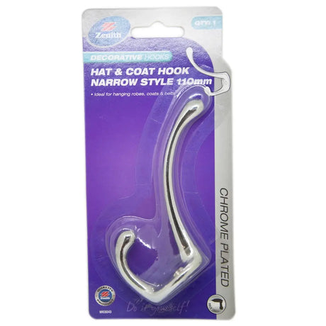 Chrome-plated hat and coat hook on a purple and gray packaging with Zenith branding.