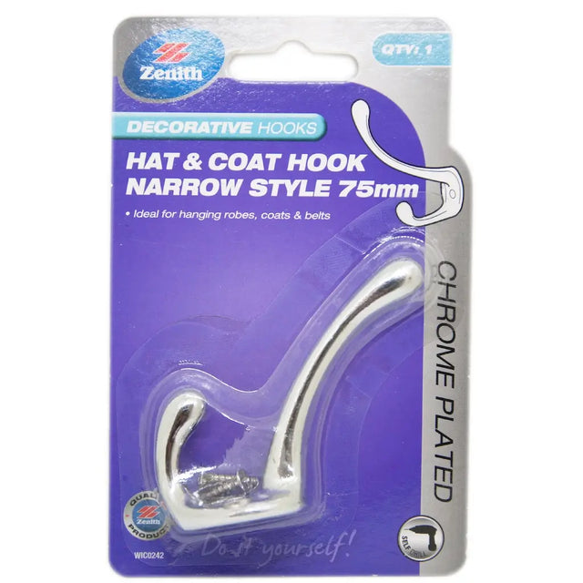 Chrome-plated hat and coat hook in packaging with Zenith branding