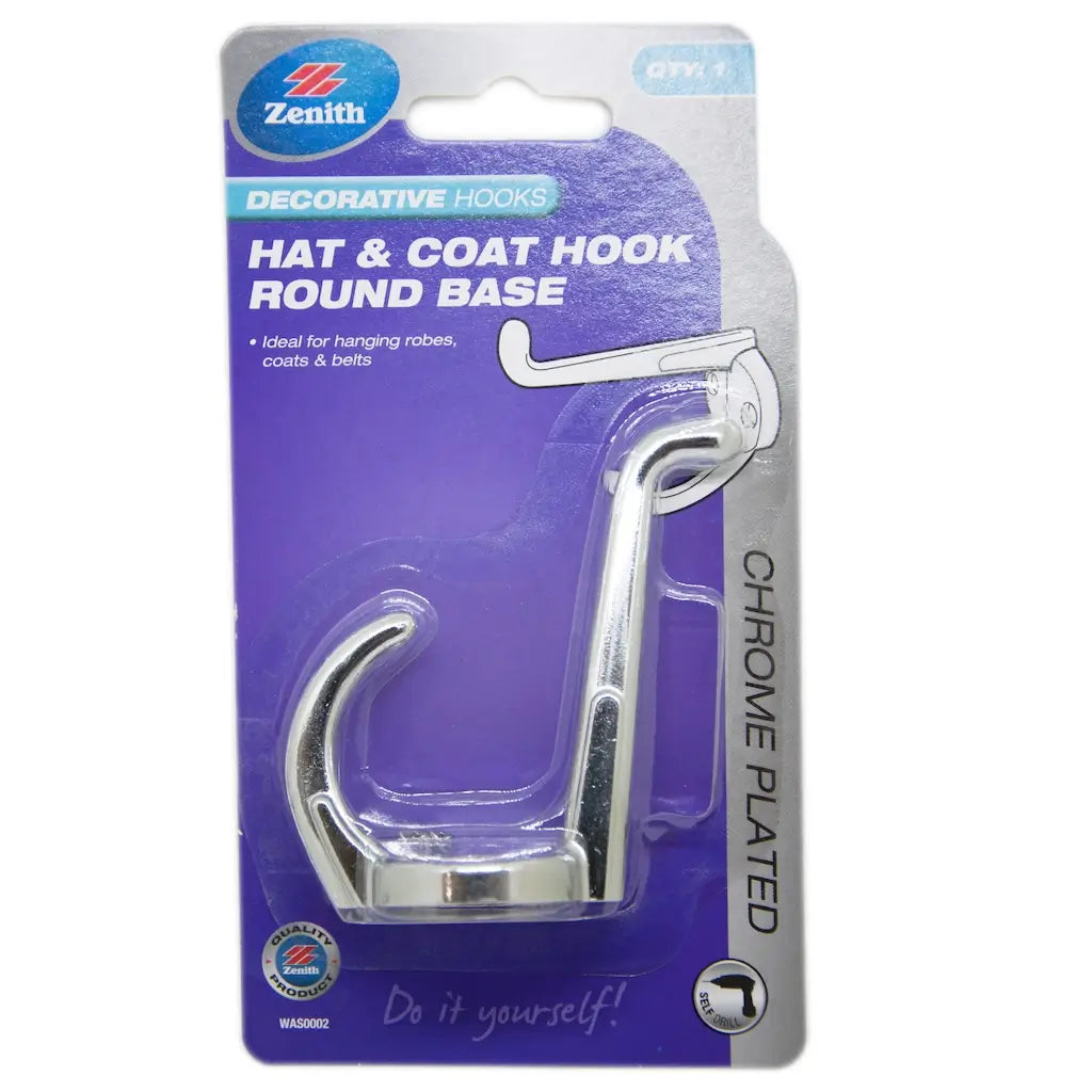 Chrome-plated hat and coat hook on a clear background with packaging details.