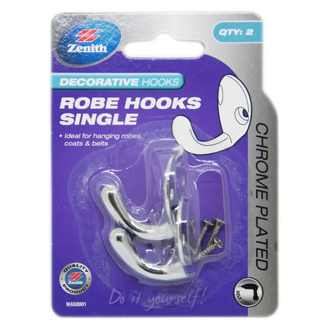 Packaged robe hooks with Zenith branding on a purple background