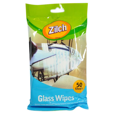 Pack of Zilch glass wipes with a clear window cleaning image on a white background
