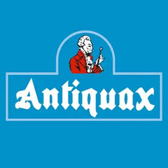 Antiquax logo with a person holding a shoe on a blue background