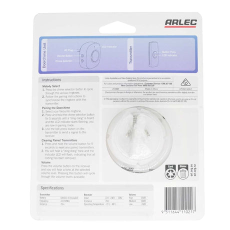 Arlec Plug In Wireless Door Chime IP44 70m DC3880