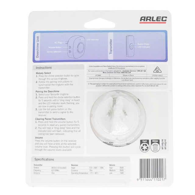 Arlec Plug In Wireless Door Chime IP44 70m DC3880