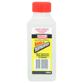Bottle of Rawex Rustbuster rust converter stain remover and cleaner with a red cap on a white background.