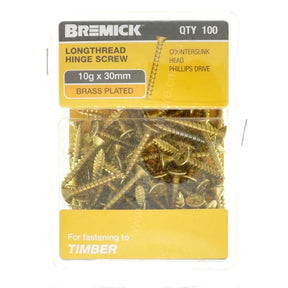 Bremick 10Gx30mm Countersunk Long Thread Hinge Screw Phillips Brass Plated 100Pcs