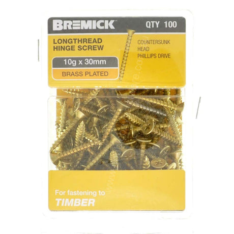 Bremick 10Gx30mm Countersunk Long Thread Hinge Screw Phillips Brass Plated 100Pcs