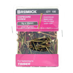 Bremick 8Gx35mm Countersunk Chipboard Screw Phillips Zinc Plated 100Pcs