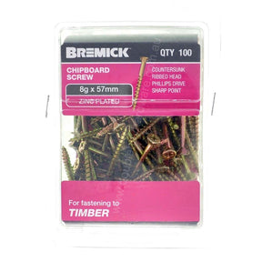 Bremick 8Gx57mm Countersunk Chipboard Screw Phillips Zinc Plated 100Pcs
