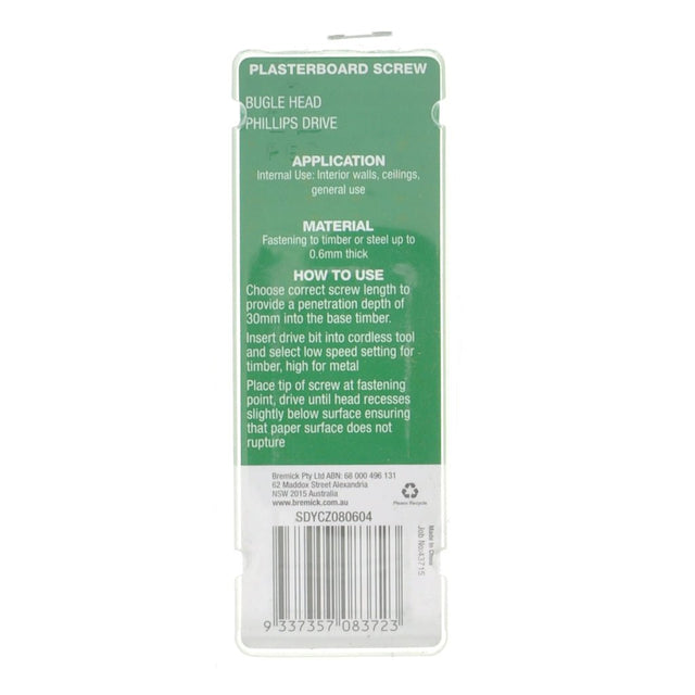 Bremick 8Gx60mm Bugle Plasterboard Screw Phillips Zinc Plated 20Pcs