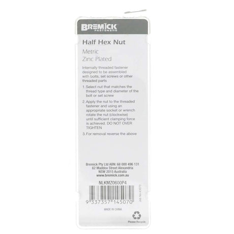 Bremick M6 Half Hex Nut Zinc 20Pcs NLKMZ0600P4