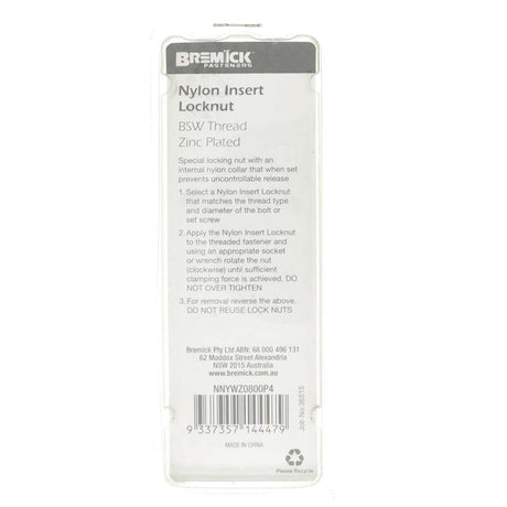 Bremick Nylon Insert Lock Nut 5/16" Zinc 15Pcs NNYWZ0800P4