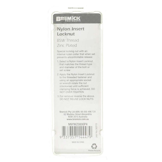 Bremick Nylon Insert Lock Nut 5/16" Zinc 15Pcs NNYWZ0800P4