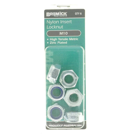 Bremick Nylon Insert Lock Nut M10 Zinc 6Pcs NNYMZ1000P4