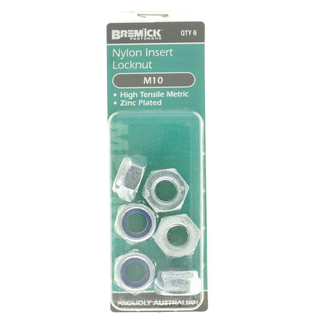 Bremick Nylon Insert Lock Nut M10 Zinc 6Pcs NNYMZ1000P4