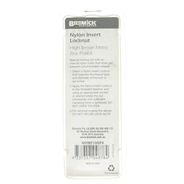 Bremick Nylon Insert Lock Nut M10 Zinc 6Pcs NNYMZ1000P4