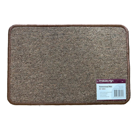 Brown doormat with a brand label on a white background