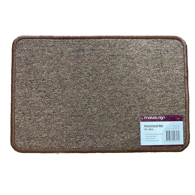 Brown doormat with a brand label on a white background