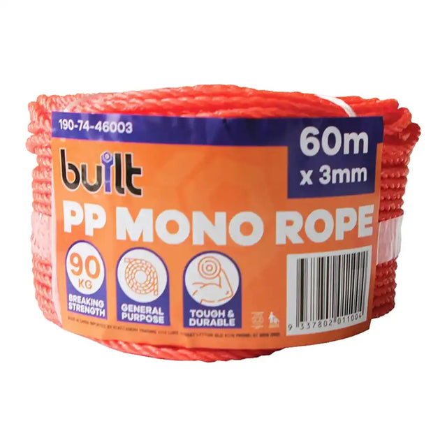Packaged red rope with 'built' branding and specifications on an orange label.